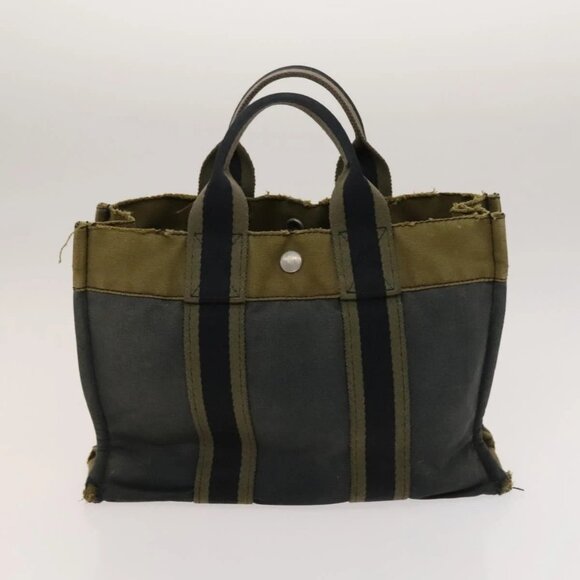 HERMES Fourre Tout Hand Bag Canvas 2Set Green Black Auth ti3372 - Picture 4 of 16